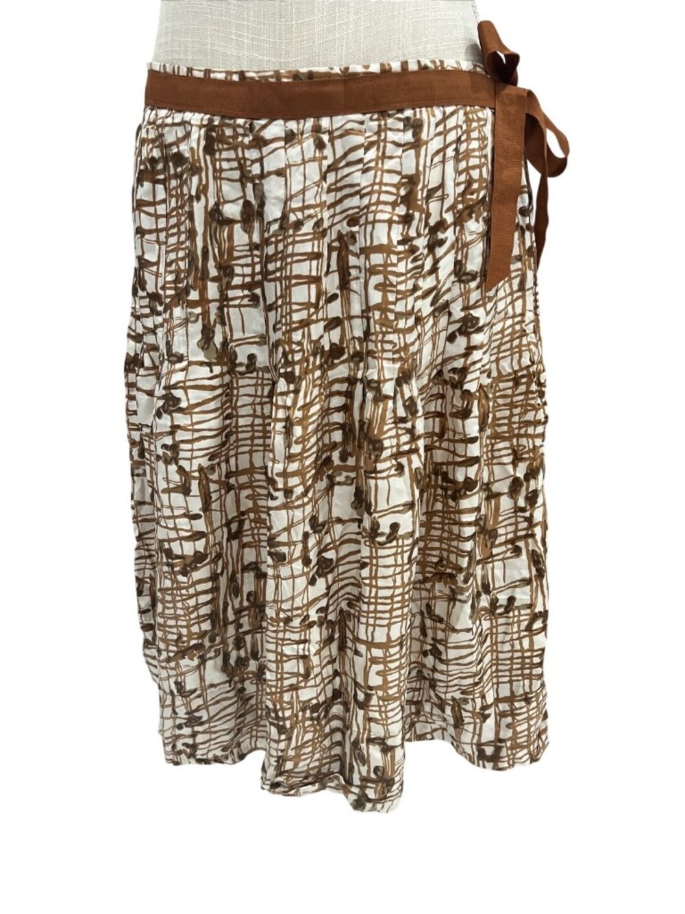 Vintage Carole Little Brown/White Abstract Print Silk Midi Skirt W/Side Tie 12